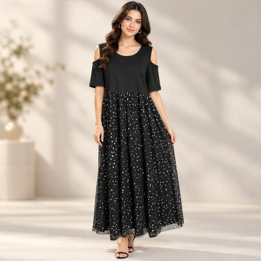 Whimsigoth Polka Dot Maxi Dress Women 1X Black Party Holiday Festive Going Out