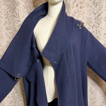 Garnet Hill Asymmetrical Boiled Wool Coat Women 18 Plus Blue Shawl Collar Artsy