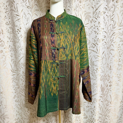 Boho Silk Ikat Jacket Women XL Patchwork Frog Closure Art to Wear Tang Suit
