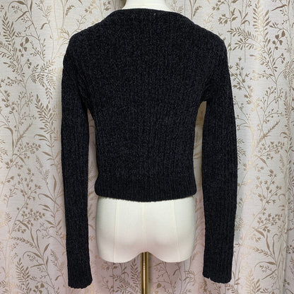 SO Black Chenille Ribbed Crop Cardigan Zip Juniors M Y2K 90s Grunge Whimsigoth
