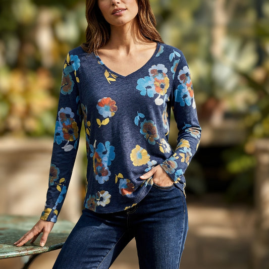 Sonoma Long Sleeve Tee Large Blue Floral Dark Cottagecore Naturecore Grandmacore