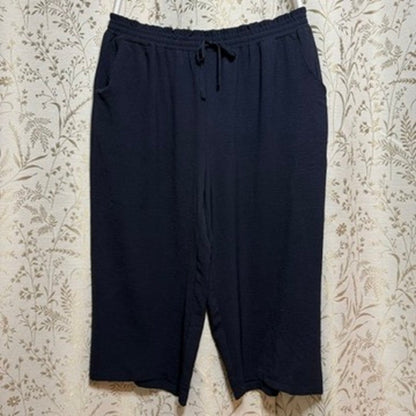 Lagenlook Black Crepe Cropped Wide Leg Pants Women 2XL Coastal Casual Minimalist