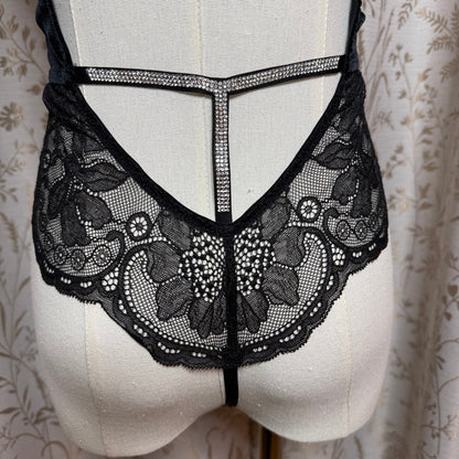 Victorias Secret Black Velvet Shine Teddy Bodysuit M/L Open Back Rhinestone Sexy