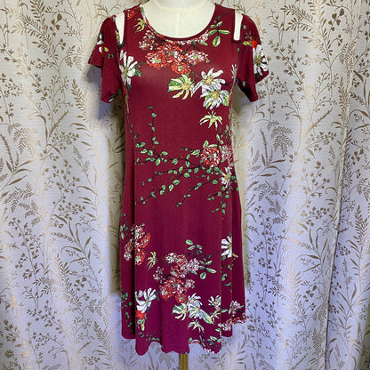 Boho Floral Burgundy Cold Shoulder Dress Small Romantic Fairycore Whimsigoth