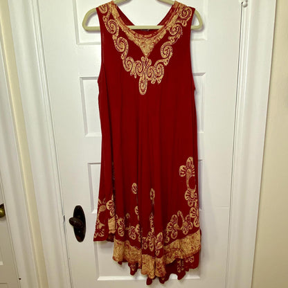Batik Midi Sun Dress O/S Red Gold Block Print Trapeze Festival Boho Resortwear