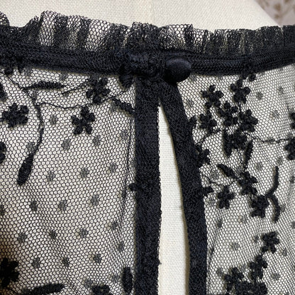 Black Embroidered Lace Mesh Top Small Coquette Soft Goth Romantic Sheer Floral