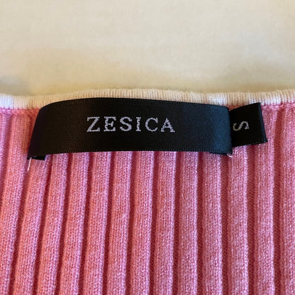 ZESICA Pink Ribbed Knit Sweater Top Small White Trim Short Sleeve Bodycon Preppy