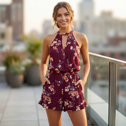 American Eagle Floral High Neck Romper Women S Keyhole Boho Festival Romantic