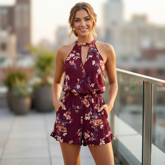 American Eagle Floral High Neck Romper Women S Keyhole Boho Festival Romantic