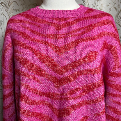Nine West Red Pink Zebra Print Sweater Women L Dopamine Dressing Barbiecore Bold