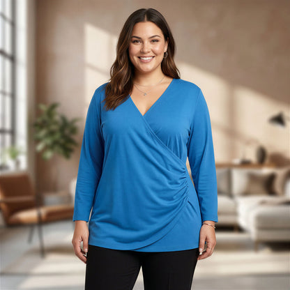 Soft Surroundings Wrap Drape Top Women 1X Teal Blue Faux Surplice Stretch Travel