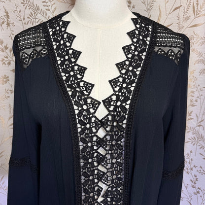 Moral Fiber Black Crochet Lace Open Front Cardigan NWT M Whimsigoth Boho Witchy