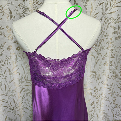 Alcea Rosea Purple Satin Lace Trim Crossback Slip Dress M Nightie Romantic Glam