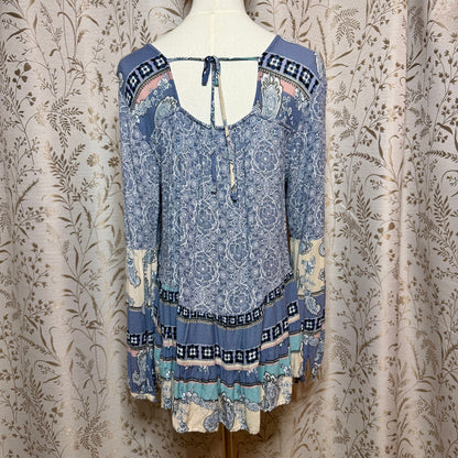 Knox Rose Floral Strappy Tunic Top Womens L Blue Boho Peasant Prairie Romantic