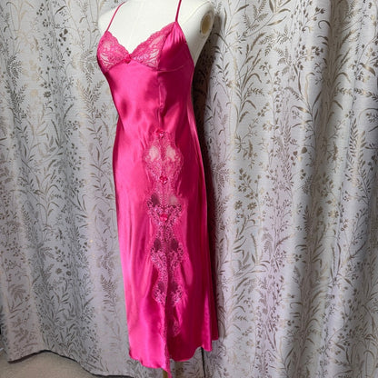Shirley of Hollywood Hot Pink Satin Lace Slip Dress Womens S Romantic Coquette