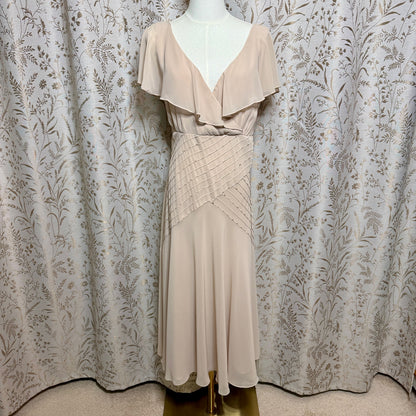 Liz Claiborne Beige Ruffle V-Neck Midi Dress Womens 16 Beaded Wedding Romantic