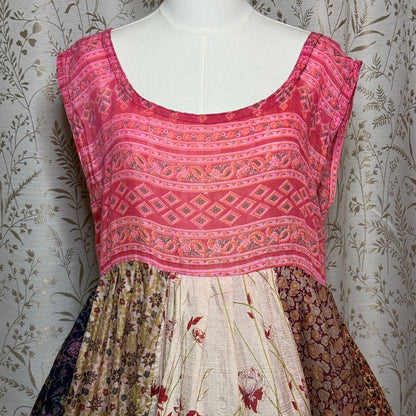 Kashi Vintage 100% Silk Patchwork Boho Midi Dress Womens L Pink Floral Festival