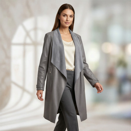 Marc New York Faux Leather Suede Drape Front Jacket Women XL Gray Moto Edgy Chic