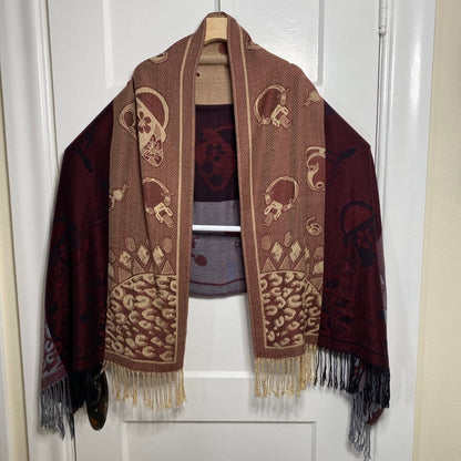 Reversible Pashmina Shawl Wrap Burgundy Tan Leopard Novelty Print Fringed Boho