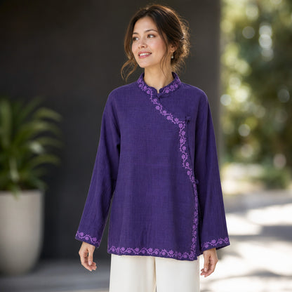 VTG 90s/Y2K Purple Cheongsam Embroidered Cotton Tunic XL Mandarin Floral Asian