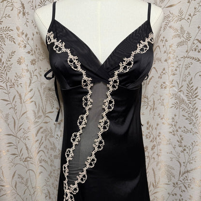 Lace Trim Sheer Mesh Asymmetric Midi Slip Dress Women M Y2K Coquette Romantic
