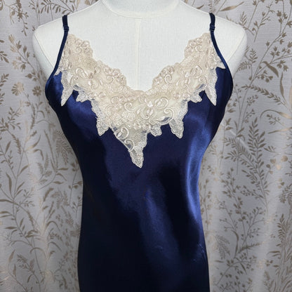 Jaclyn Smith Blue Satin Lace Trim Long Slip Dress Women M Vintage 90s Y2K Glam