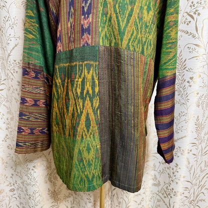 Boho Silk Ikat Jacket Women XL Patchwork Frog Closure Art to Wear Tang Suit
