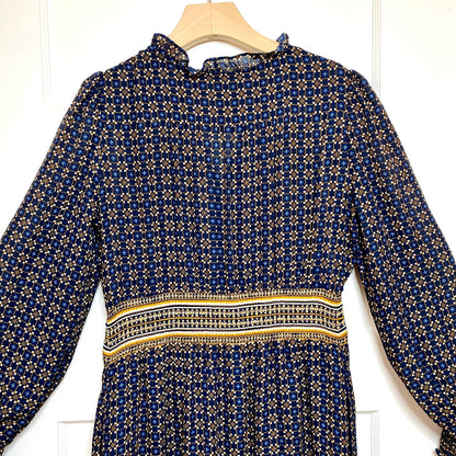 Max Studio Geometric Midi Dress Small Navy Blue Long Sleeve Boho Office Siren