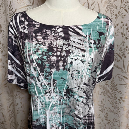 Style&Co Whimsigoth Tunic Blouse Women L Floral Silver Teal Flowy Boho Romantic