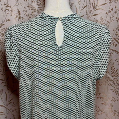 ELLE Green Twist Keyhole Top L Micro Pattern OfficeSiren Retro Romantic Academia