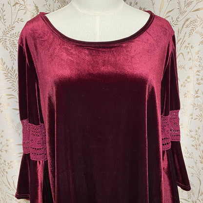 Velvet Burgundy Bell Sleeve Top XL Crochet Lace Boho Witchy Whimsigoth Retro