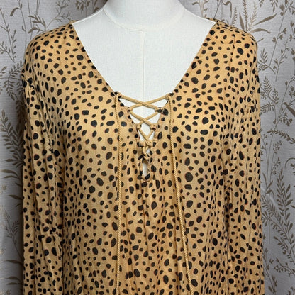 Billabong Cheetah Print Lace Up Tunic Women L Boho Beach Cover Up Resortwear