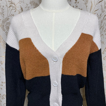Lulus Colorblock Cardigan Knit Sweater XS Tan White Black V-Neck Button Neutrals