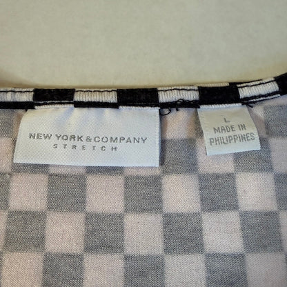 New York & Company Checkered Scoop Neck Pleated Top Women L Stretch Thrashed