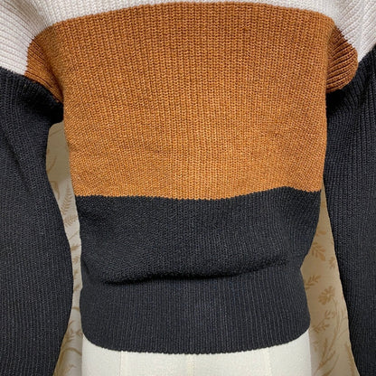 Lulus Colorblock Cardigan Knit Sweater XS Tan White Black V-Neck Button Neutrals