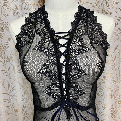 Fredericks of Hollywood Black Stretch Lace Chemise L Garter Goth Coquette Pin-Up
