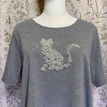 Quacker Factory Pearl Rhinestone Kitty Top 1X Cat Lover Whimsigoth Grandmacore