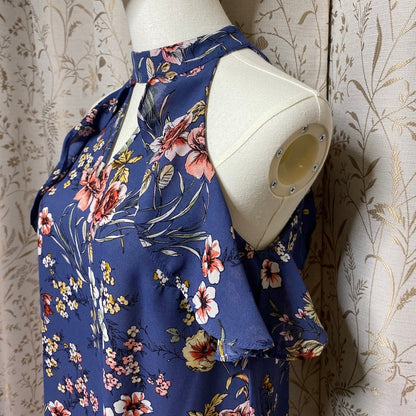 IZ BYER Blue Floral Ruffle Halter Top Small Keyhole Romantic Boho Cottagecore