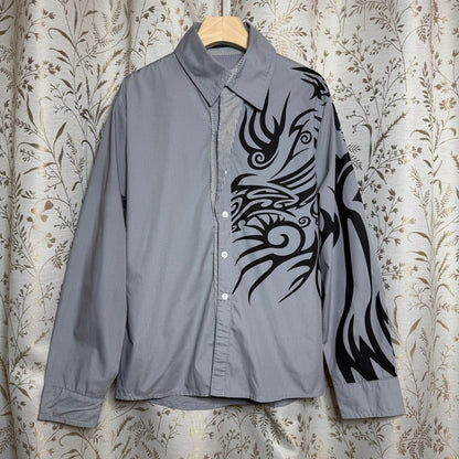 Jeansian Graphic Long Sleeve Button Up Shirt Mens M Gray Y2K Streetwear Cyber