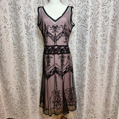 Newport News VTG Y2K Lace Mesh Flapper Dress 10 Black Pink Art Deco Gatsby 1920s