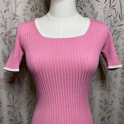 ZESICA Pink Ribbed Knit Sweater Top Small White Trim Short Sleeve Bodycon Preppy