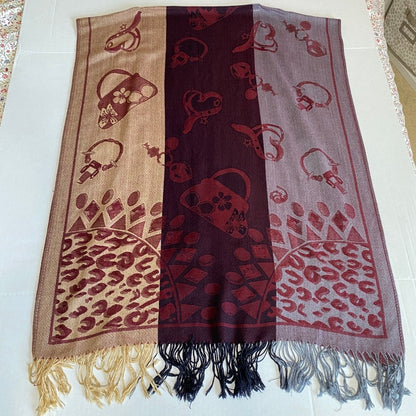 Reversible Pashmina Shawl Wrap Burgundy Tan Leopard Novelty Print Fringed Boho