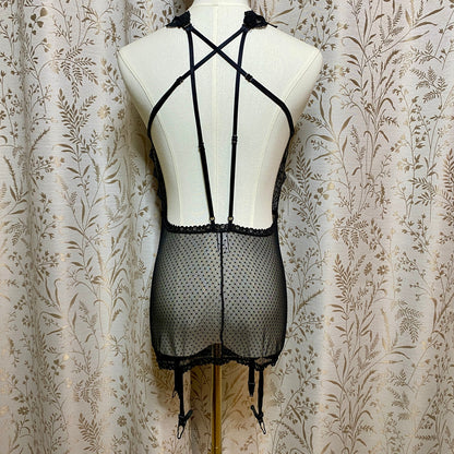 Fredericks of Hollywood Black Stretch Lace Chemise L Garter Goth Coquette Pin-Up