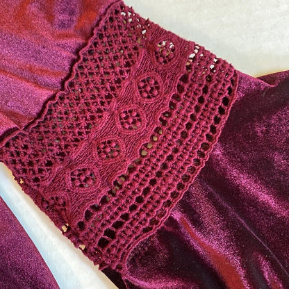 Velvet Burgundy Bell Sleeve Top XL Crochet Lace Boho Witchy Whimsigoth Retro