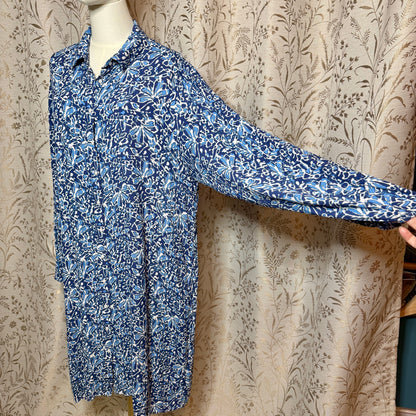Well Worn Floral Shirt Dress Womens XL Blue Long Sleeve Boho Coastal Grandmother