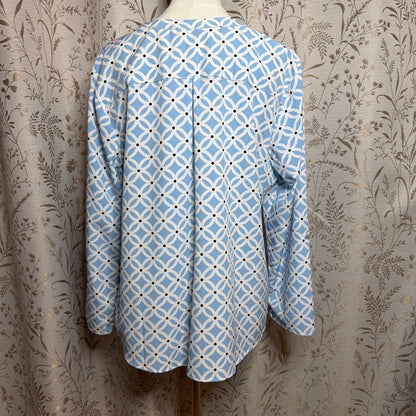 Notations Geometric Top Women XL Blue White Convertable Sleeve Office Corpcore
