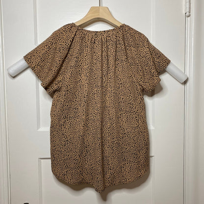 SHEIN Dalmation Print Flutter Blouse Tan Black Medium Keyhole Tie Office Siren