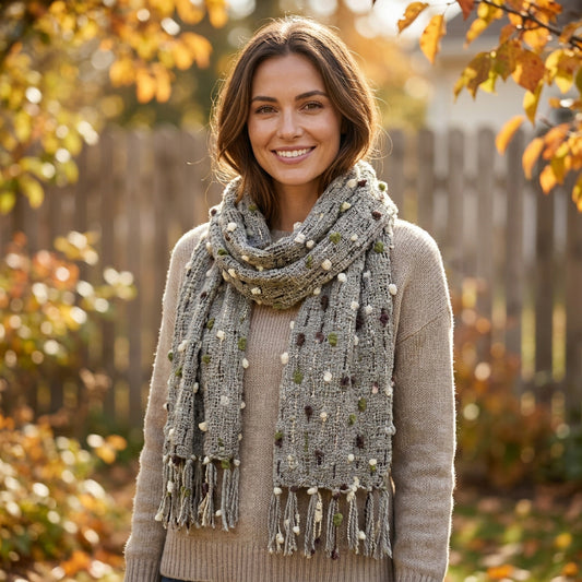 Textured Knit Pom Pom Scarf Womens One Size Cottagecore Goblincore Mosscore Boho