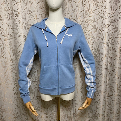 PINK Zip Up Hoodie XS Pastel Blue Tie Dye Stripe Y2K Streetwear Soft Girl Comfy