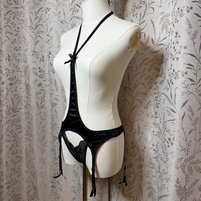 Slingshot Black Halter Lace Garter Teddy M/L Vampy Edgy Sirencore Goth Boudoir
